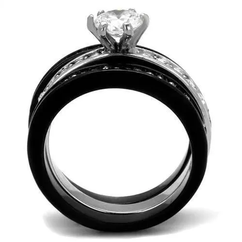 CJ2304 Wholesale Women's Stainless Steel Two-Tone IP Black AAA Grade CZ Clear Wedding Ring Set