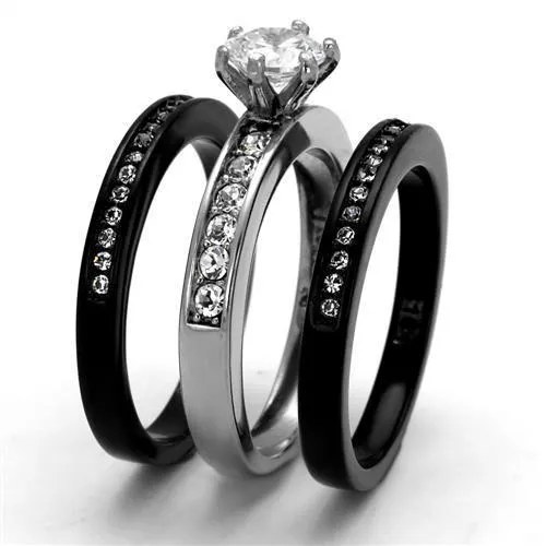 CJ2304 Wholesale Women's Stainless Steel Two-Tone IP Black AAA Grade CZ Clear Wedding Ring Set