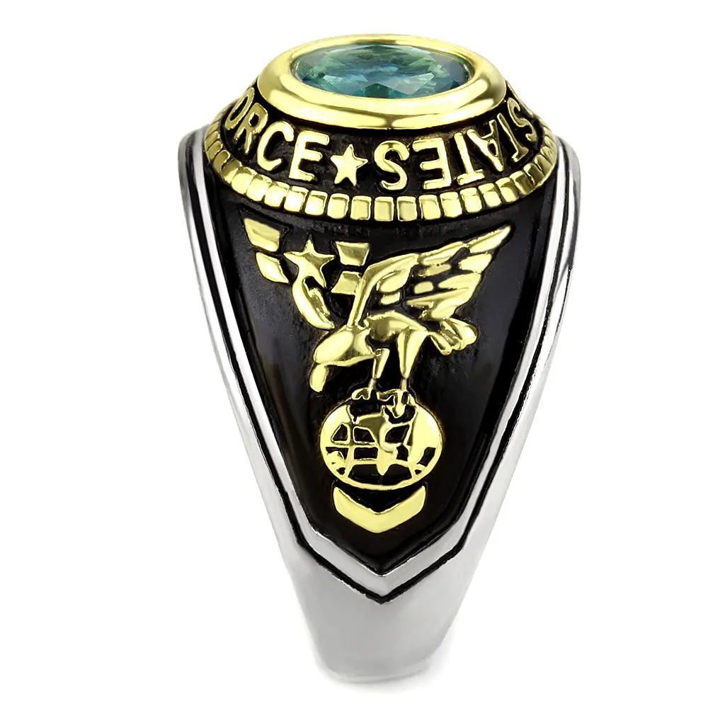 CJ3725 Wholesale Unisex Stainless Steel Two-Tone IP Gold Synthetic Sea Blue United States Air Force Military Ring