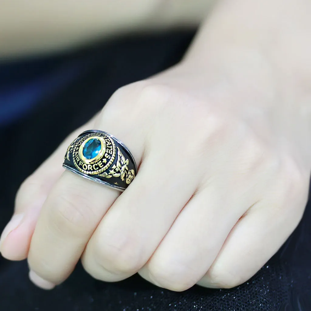 CJ3725 Wholesale Unisex Stainless Steel Two-Tone IP Gold Synthetic Sea Blue United States Air Force Military Ring