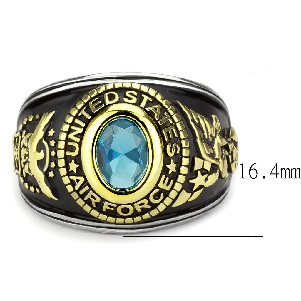 CJ3725 Wholesale Unisex Stainless Steel Two-Tone IP Gold Synthetic Sea Blue United States Air Force Military Ring