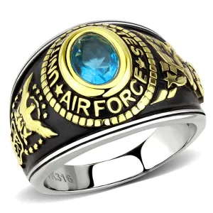 CJ3725 Wholesale Unisex Stainless Steel Two-Tone IP Gold Synthetic Sea Blue United States Air Force Military Ring
