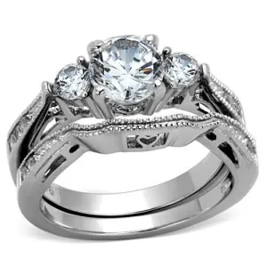 CJE1W002 Wholesale Women's Stainless Steel AAA Grade CZ Clear Three Stone Wedding Ring Set