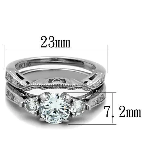 CJE1W002 Wholesale Women's Stainless Steel AAA Grade CZ Clear Three Stone Wedding Ring Set