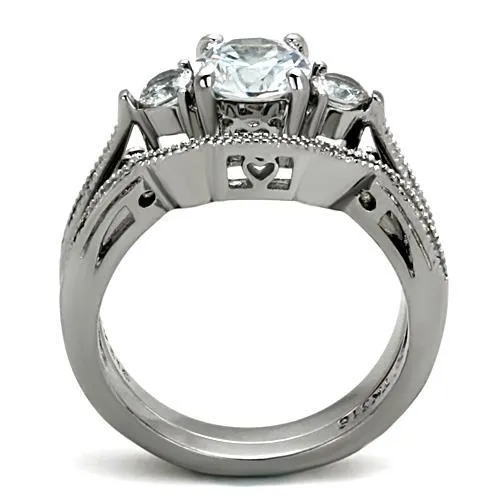 CJE1W002 Wholesale Women's Stainless Steel AAA Grade CZ Clear Three Stone Wedding Ring Set