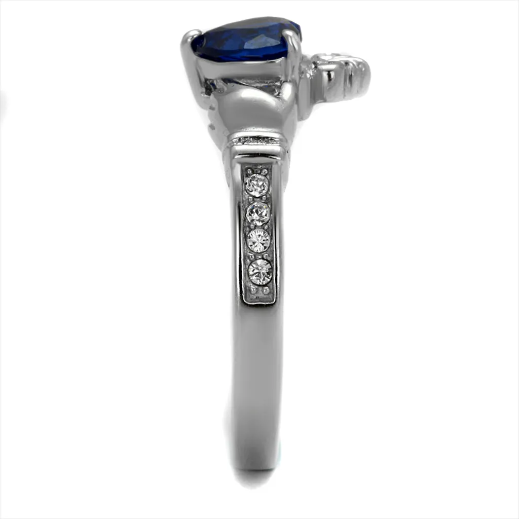CJE2093 Synthetic Blue Spinel Stainless Steel Claddagh Ring