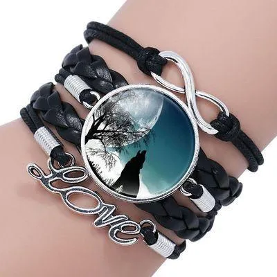 Classic Retro Wolf Head Elegant Bracelet Leather Bangle Luxury Bracelet Jewelry Boho Glass Moon Men Wrap Bangles For Men Women
