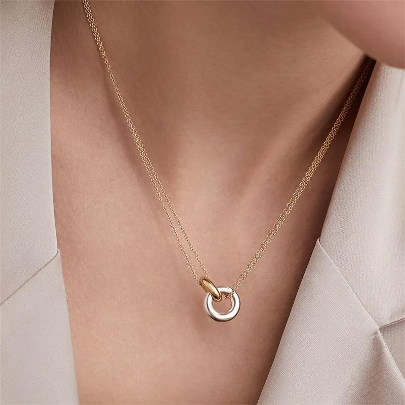 Cross-border New Stainless Steel Two-color Plating Necklace Geometric Round Pendant Fashion Necklace Wholesale