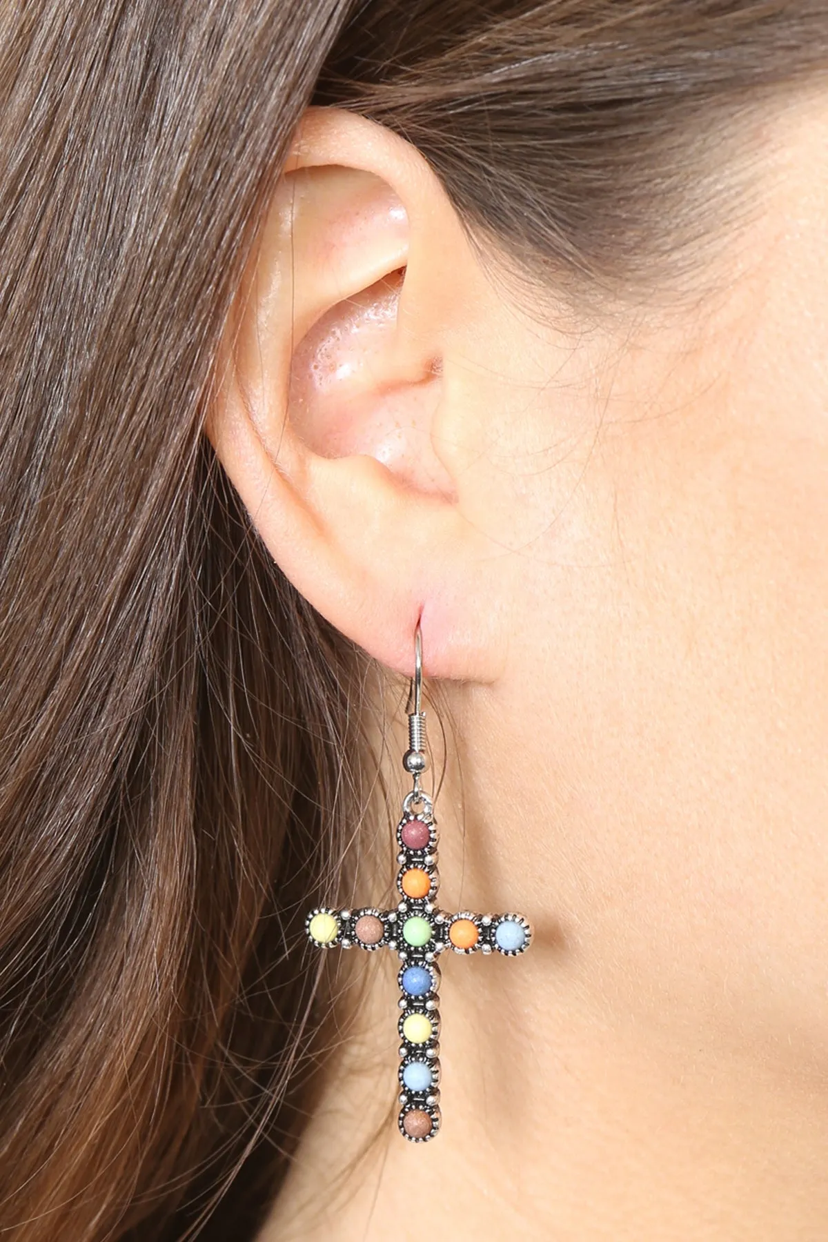 CROSS NATURAL STONE FISH HOOK EARRINGS