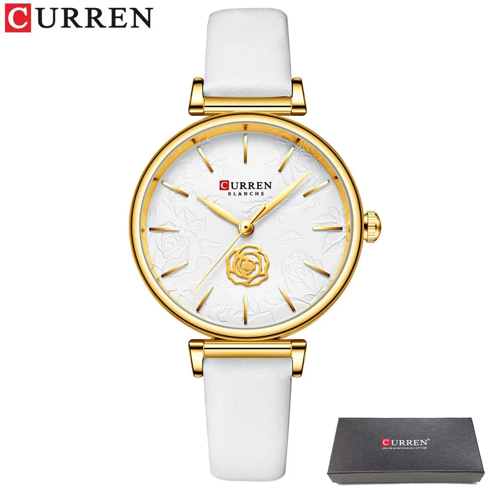 CURREN Flower Design Simple Ladies Watches Top Brand Women&#39;s Quartz Watch Fashion Female Wristwatch Dress Leather Strap Clock