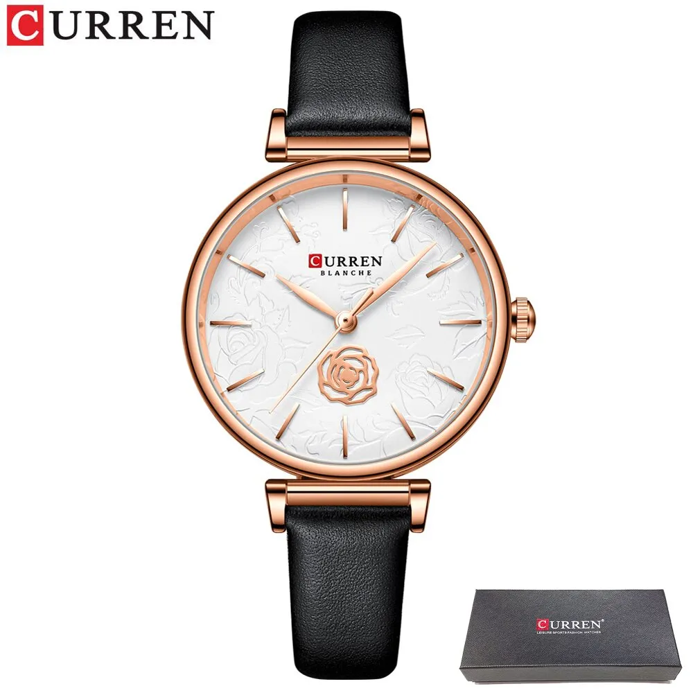 CURREN Flower Design Simple Ladies Watches Top Brand Women&#39;s Quartz Watch Fashion Female Wristwatch Dress Leather Strap Clock