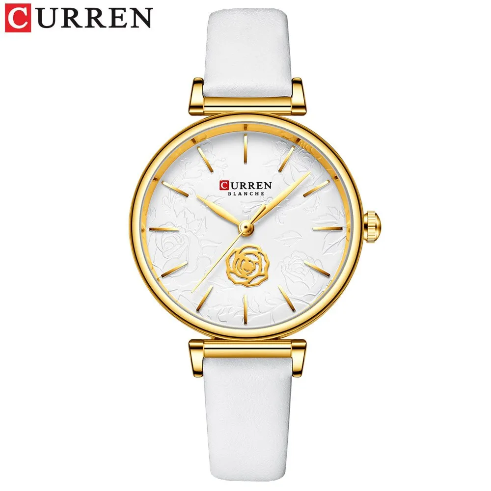 CURREN Flower Design Simple Ladies Watches Top Brand Women&#39;s Quartz Watch Fashion Female Wristwatch Dress Leather Strap Clock