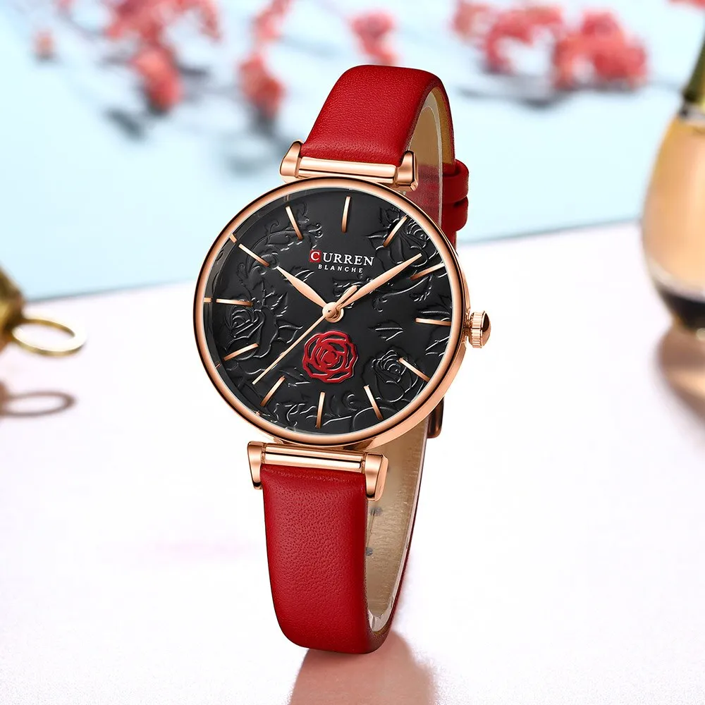 CURREN Flower Design Simple Ladies Watches Top Brand Women&#39;s Quartz Watch Fashion Female Wristwatch Dress Leather Strap Clock