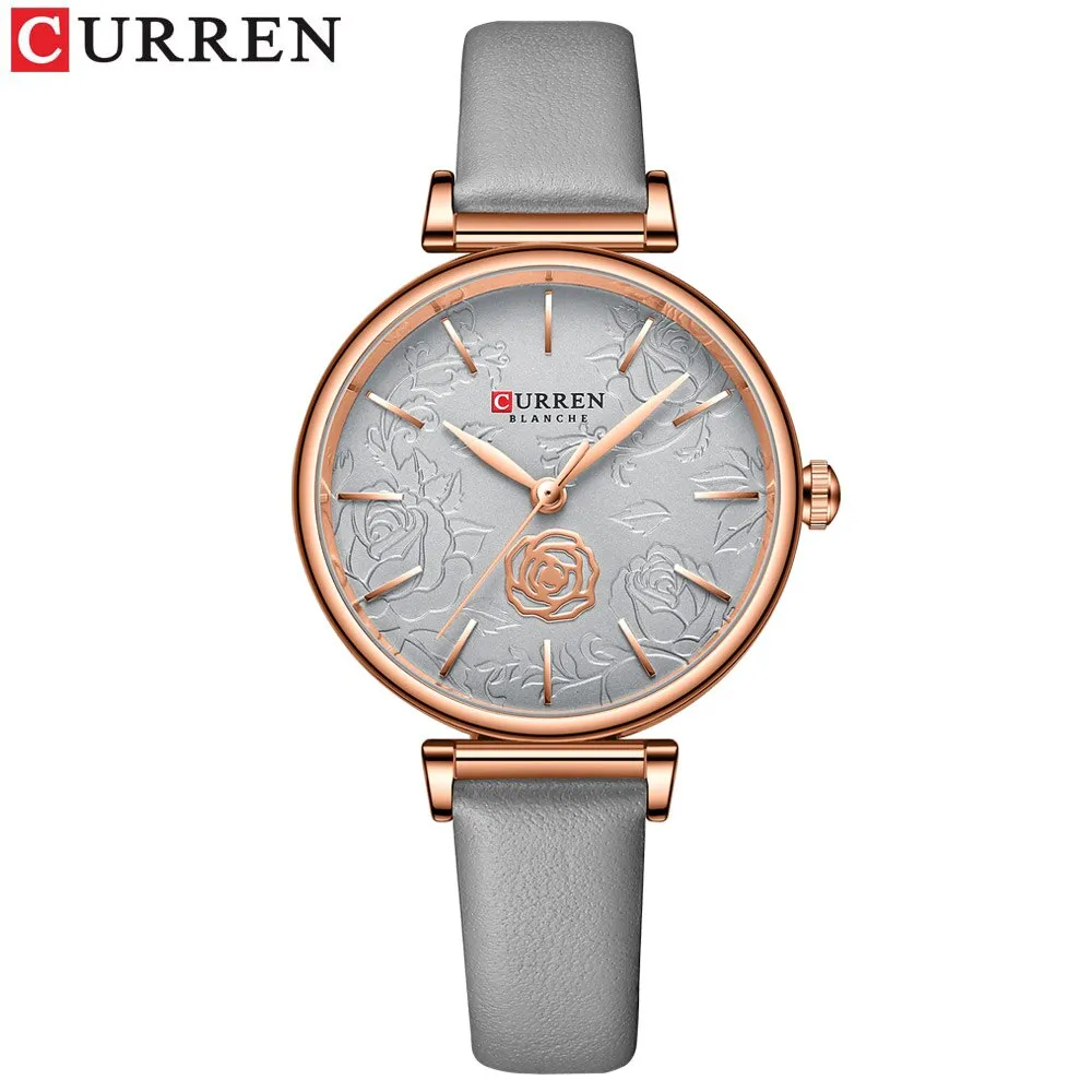 CURREN Flower Design Simple Ladies Watches Top Brand Women&#39;s Quartz Watch Fashion Female Wristwatch Dress Leather Strap Clock