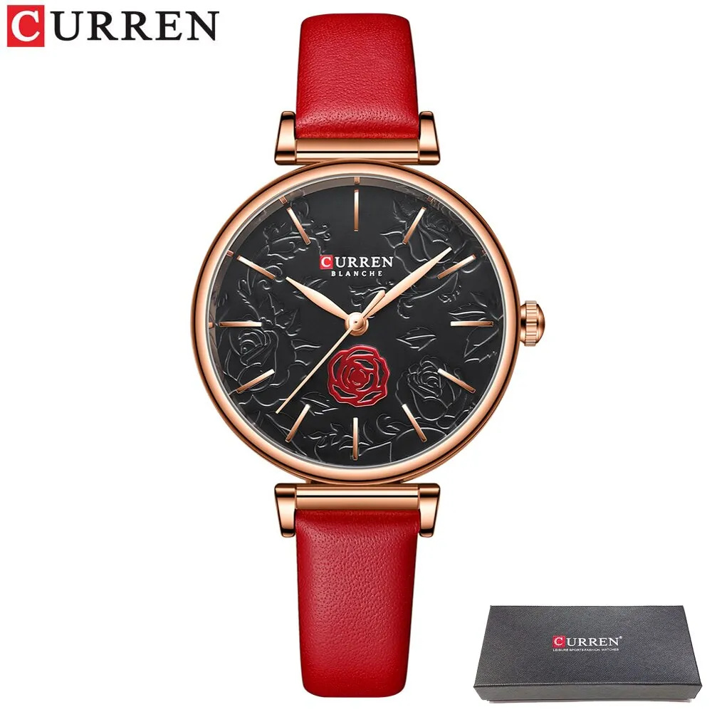 CURREN Flower Design Simple Ladies Watches Top Brand Women&#39;s Quartz Watch Fashion Female Wristwatch Dress Leather Strap Clock