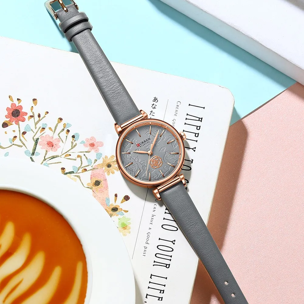 CURREN Flower Design Simple Ladies Watches Top Brand Women&#39;s Quartz Watch Fashion Female Wristwatch Dress Leather Strap Clock