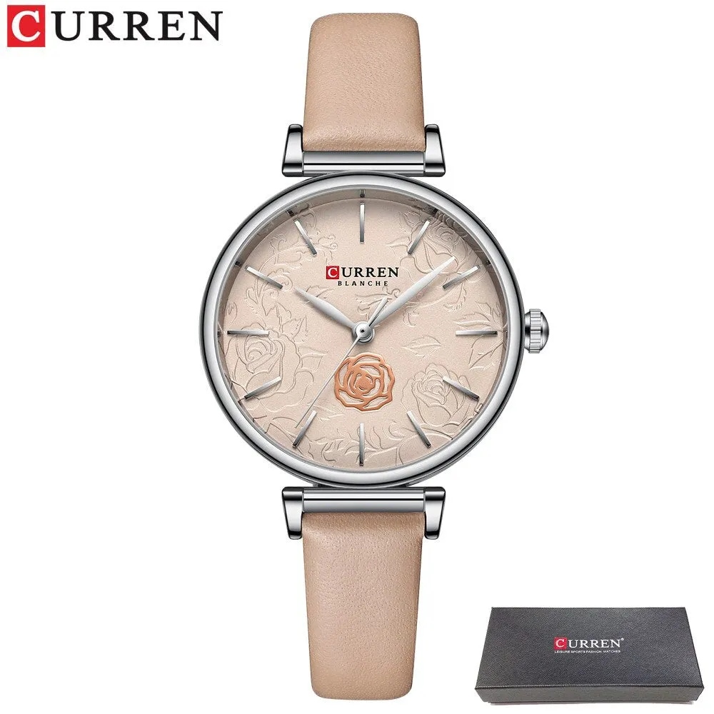 CURREN Flower Design Simple Ladies Watches Top Brand Women&#39;s Quartz Watch Fashion Female Wristwatch Dress Leather Strap Clock