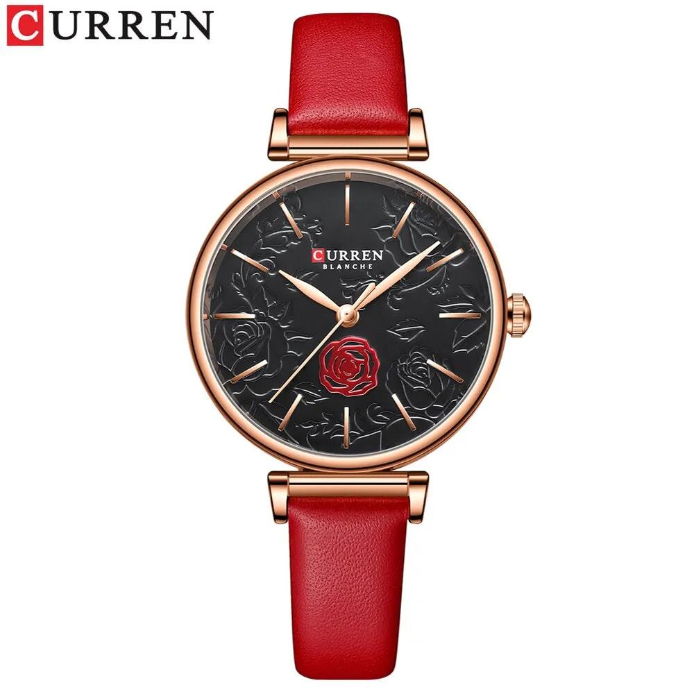 CURREN Flower Design Simple Ladies Watches Top Brand Women&#39;s Quartz Watch Fashion Female Wristwatch Dress Leather Strap Clock
