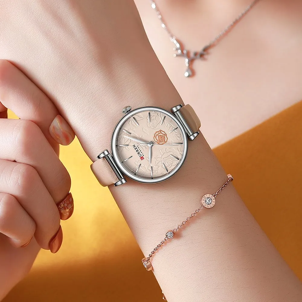 CURREN Flower Design Simple Ladies Watches Top Brand Women&#39;s Quartz Watch Fashion Female Wristwatch Dress Leather Strap Clock