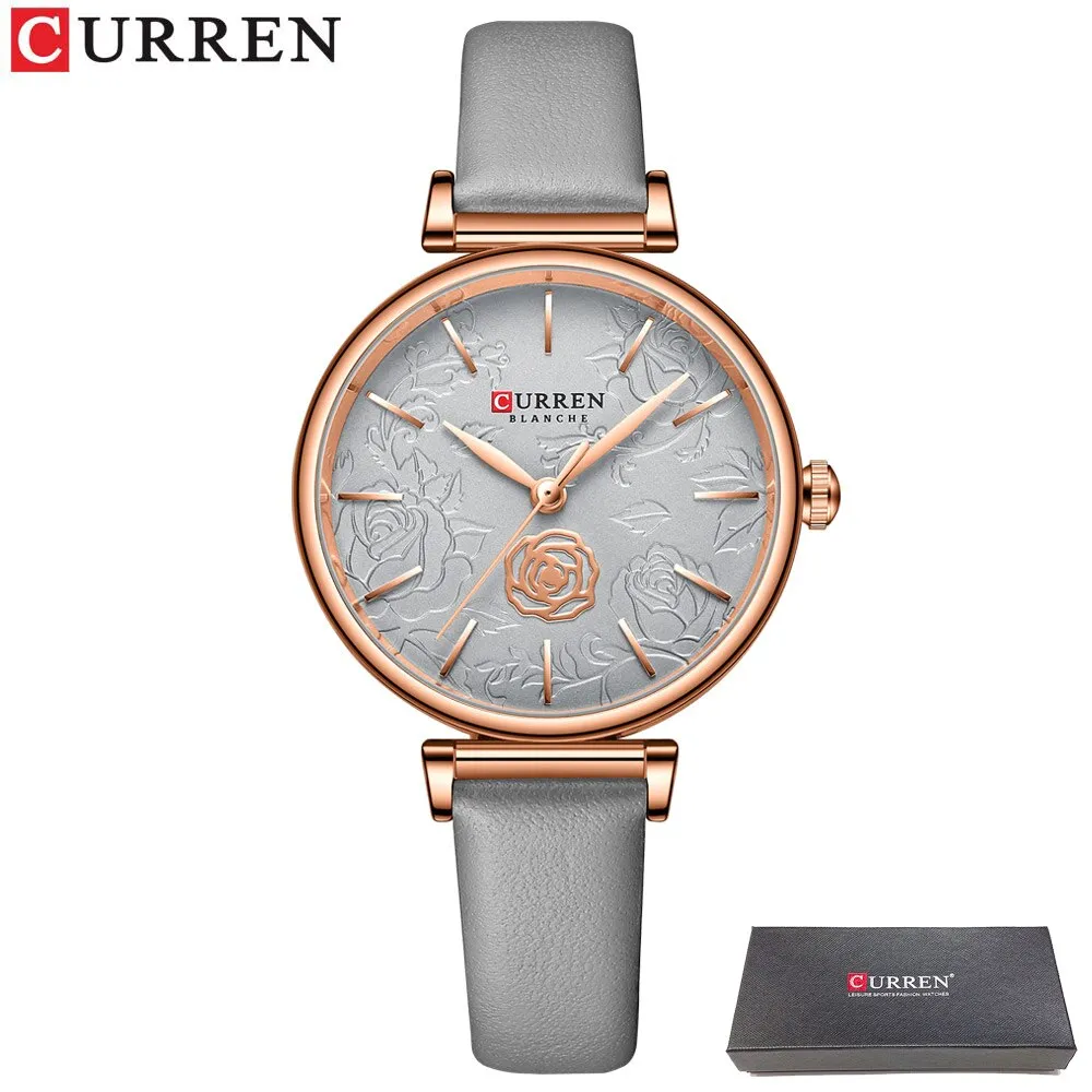 CURREN Flower Design Simple Ladies Watches Top Brand Women&#39;s Quartz Watch Fashion Female Wristwatch Dress Leather Strap Clock