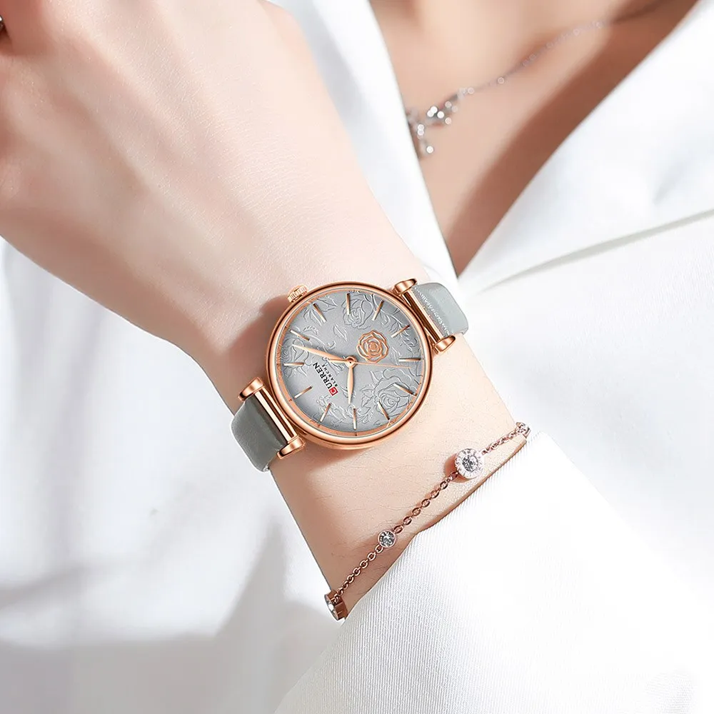 CURREN Flower Design Simple Ladies Watches Top Brand Women&#39;s Quartz Watch Fashion Female Wristwatch Dress Leather Strap Clock