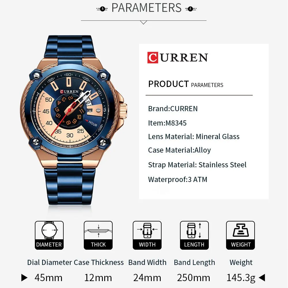 CURREN Watch Men Stainless Steel Sport Quartz Watches Top Brand Luxury Mens Fashion Waterproof Wrist Watches Relogio Masculino