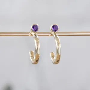 Custom Amethyst Birthstone Hoop Earrings | 14K Yellow Gold