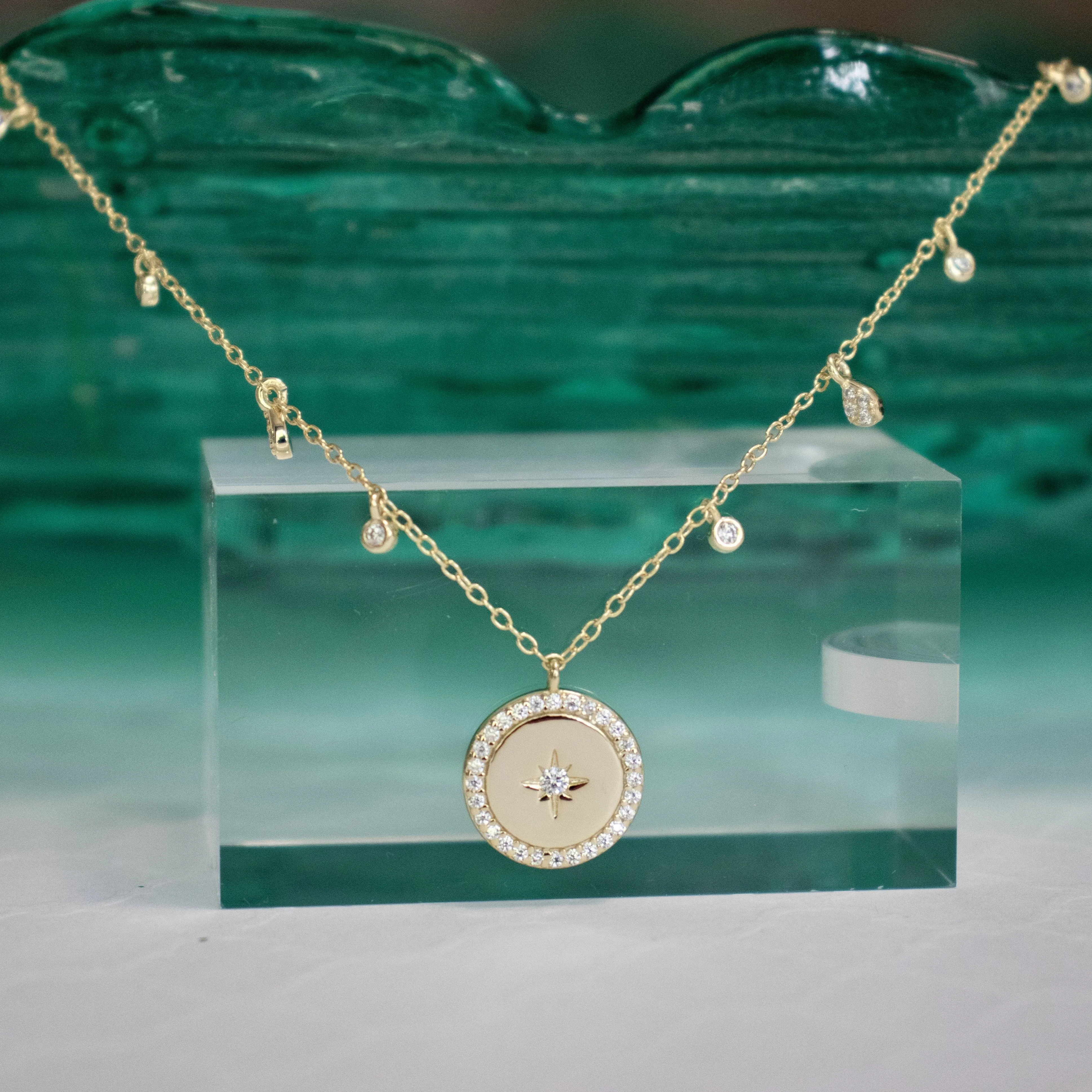 CZ Starburst Disc Necklace - Gold