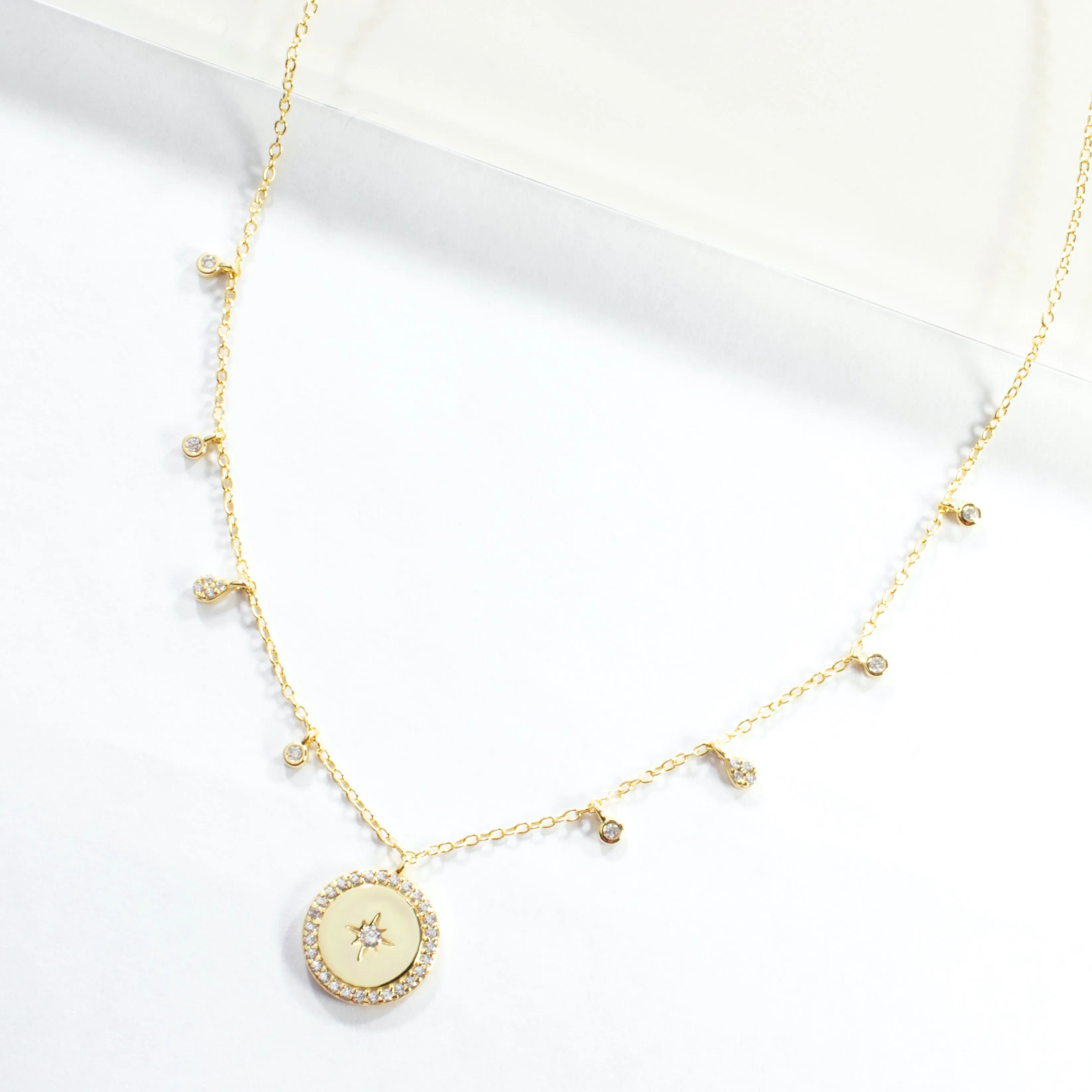 CZ Starburst Disc Necklace - Gold