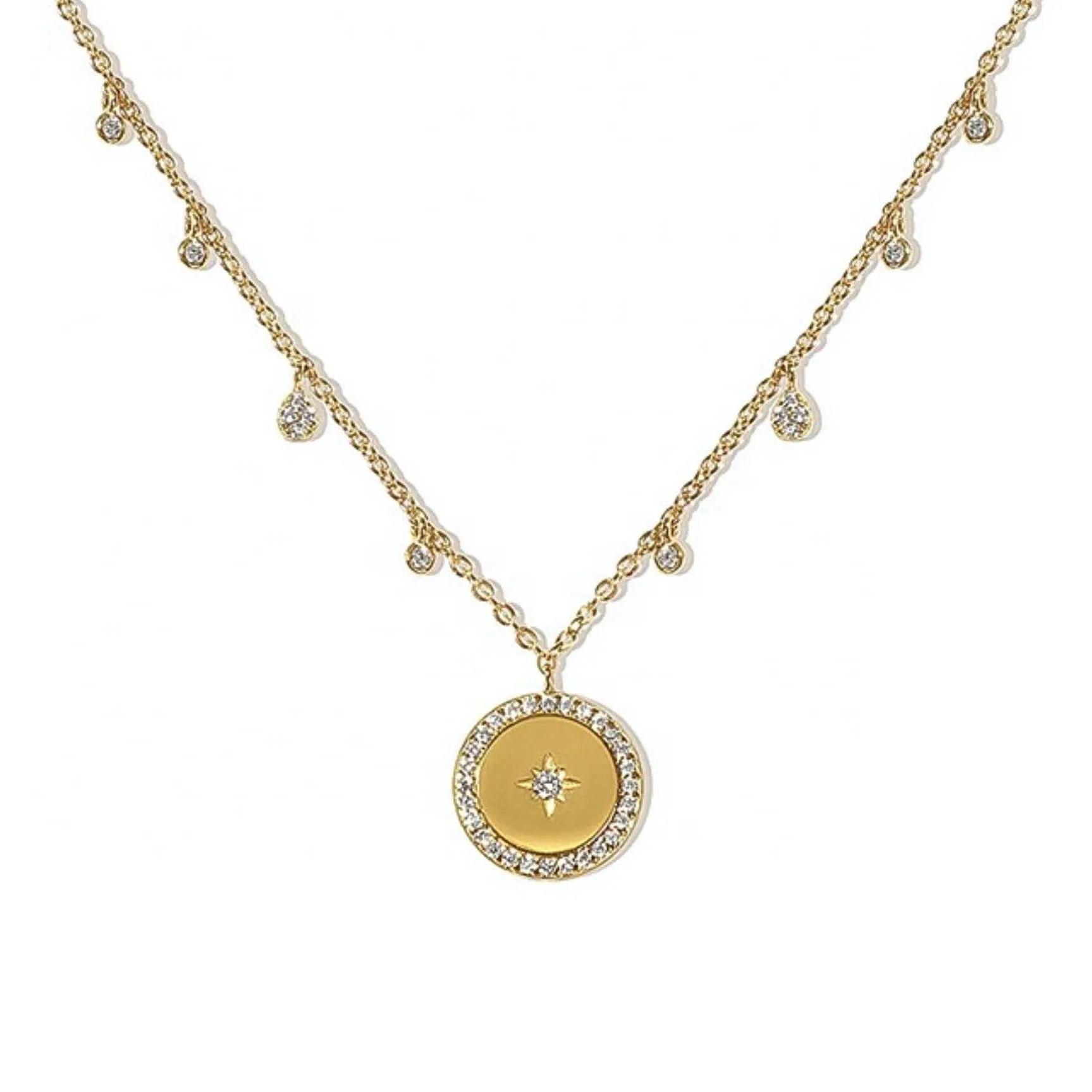 CZ Starburst Disc Necklace - Gold