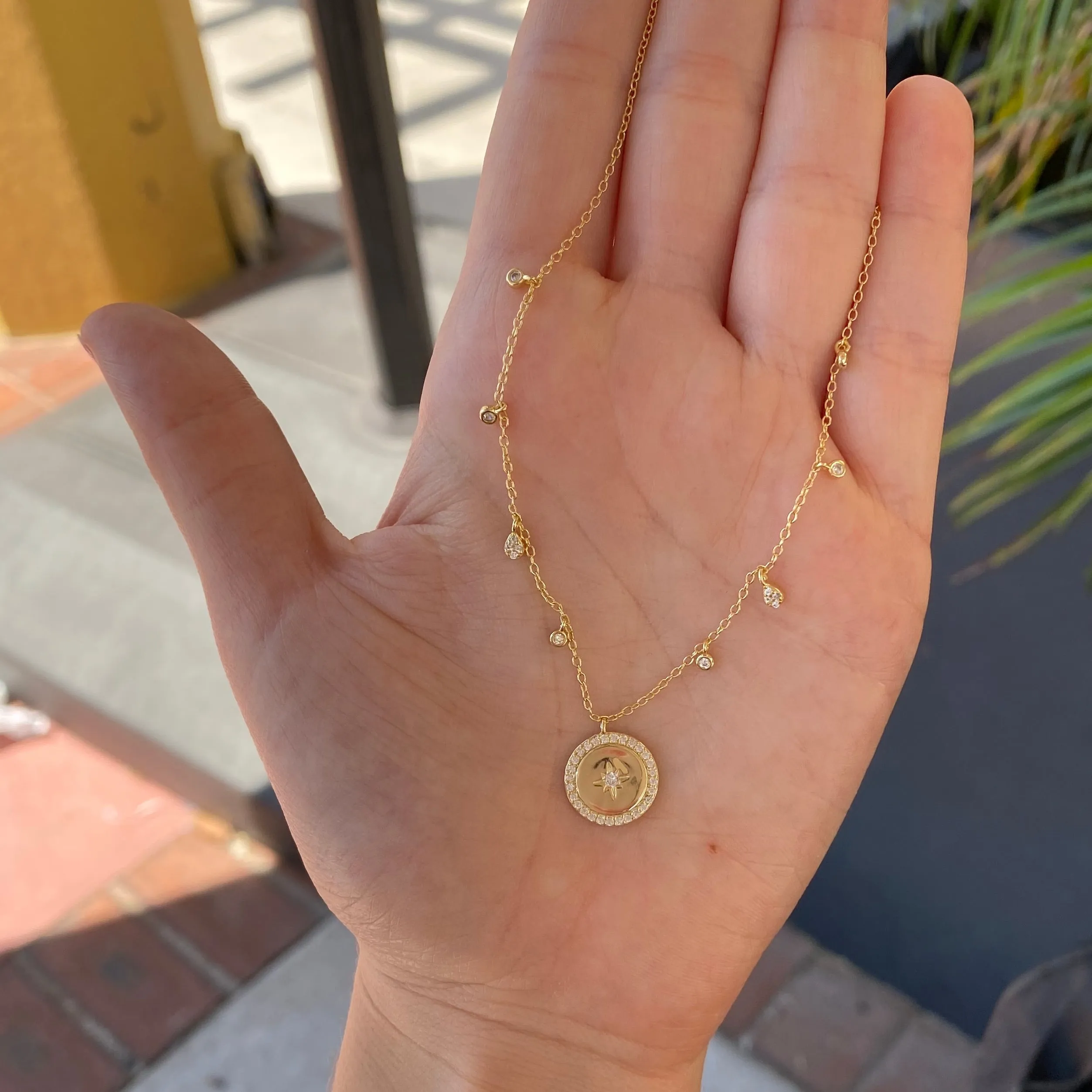CZ Starburst Disc Necklace - Gold