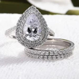 Double Halo Pear Cut 3-Pieces Wedding Set