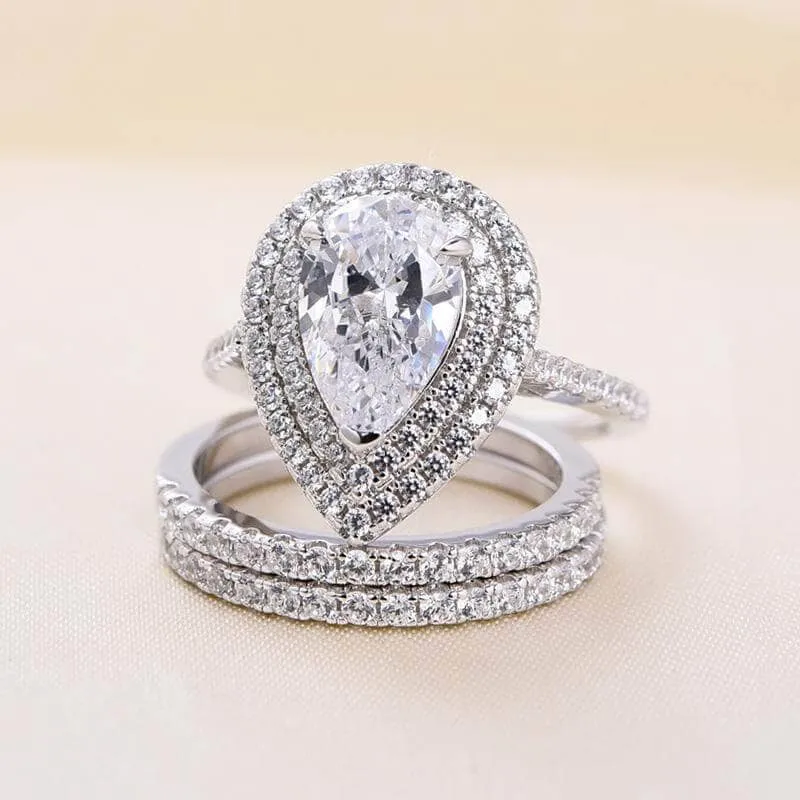 Double Halo Pear Cut 3-Pieces Wedding Set