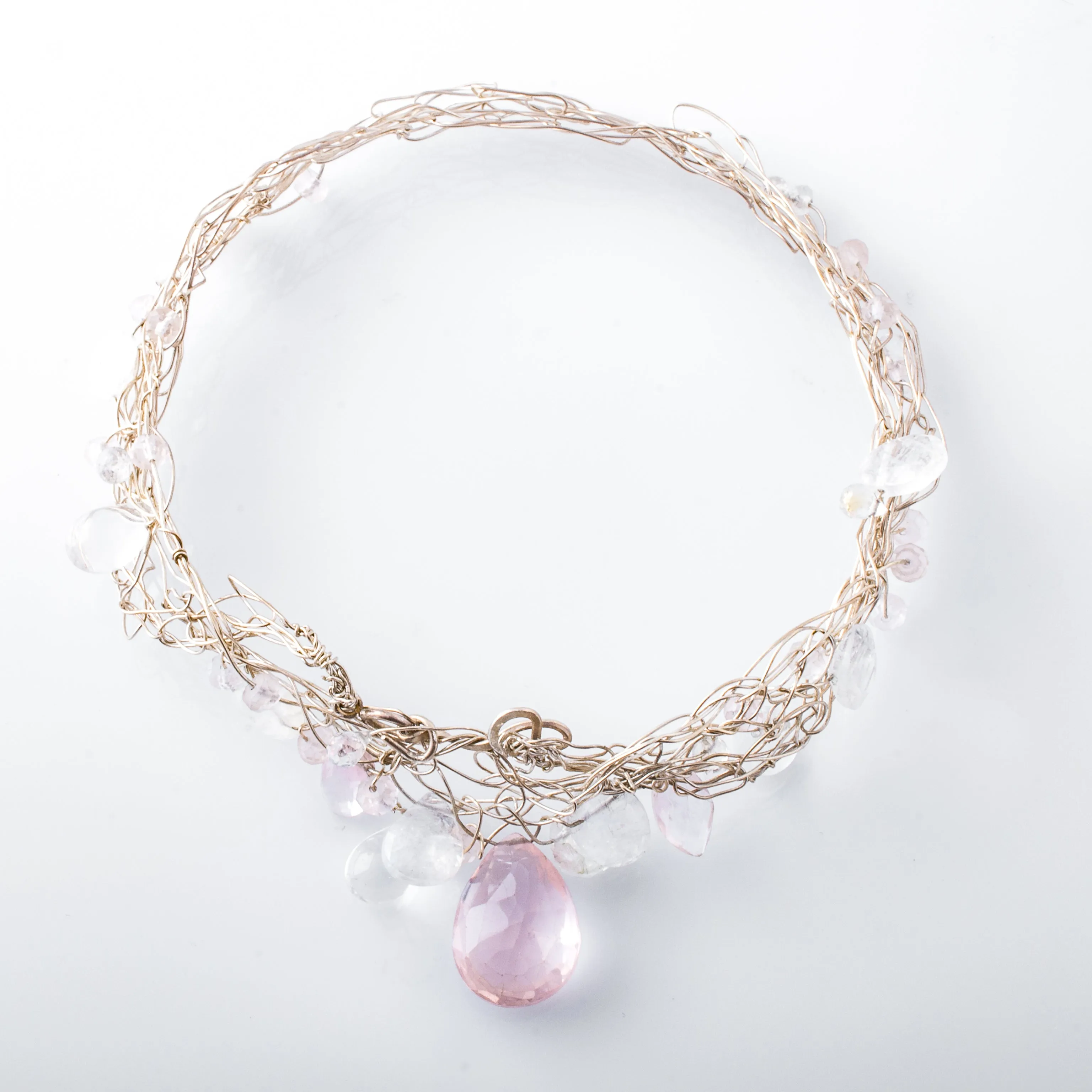 Dual Strand Textured Woven Bangle with Rose & Clear Quartz
