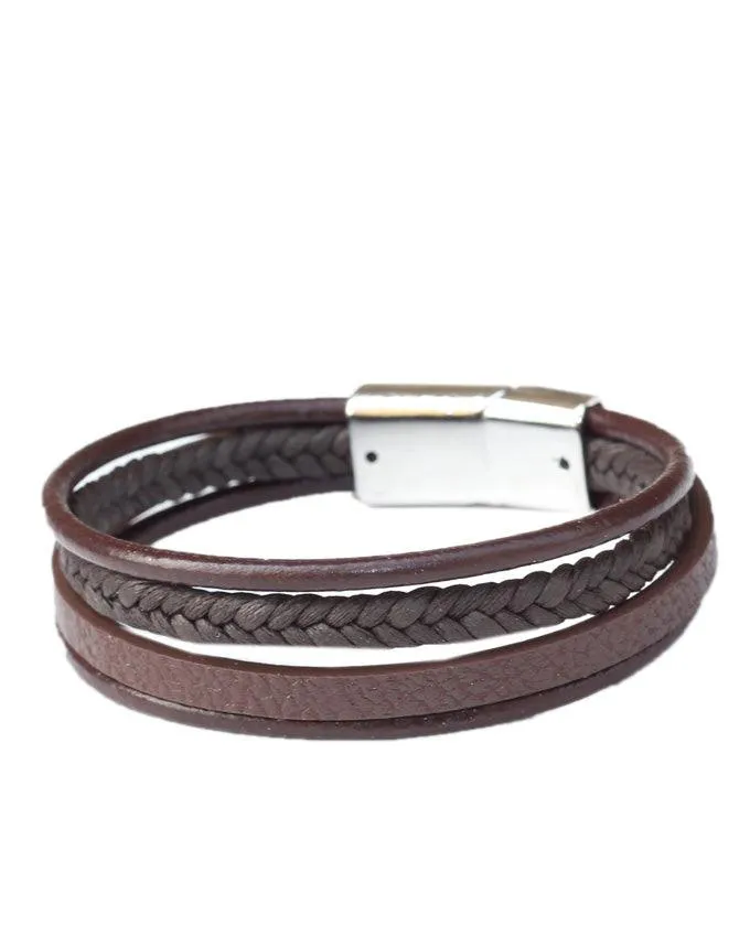 Edforce Unisex Triple Strand Woven Leather Brown Bracelet