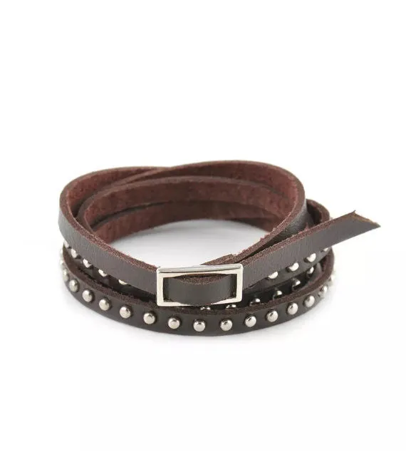 Ella Chocolate Leather Studded Wrap Bracelet Cuff