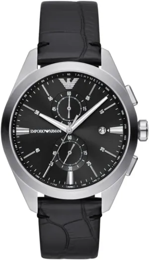 Emporio Armani Gents Chronograph Black Dial Black Leather Strap Watch