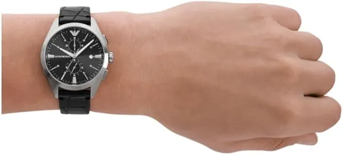 Emporio Armani Gents Chronograph Black Dial Black Leather Strap Watch