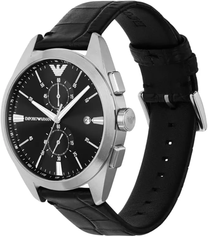 Emporio Armani Gents Chronograph Black Dial Black Leather Strap Watch