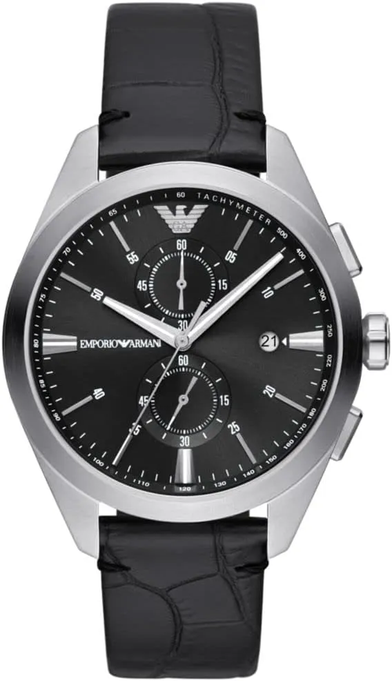 Emporio Armani Gents Chronograph Black Dial Black Leather Strap Watch