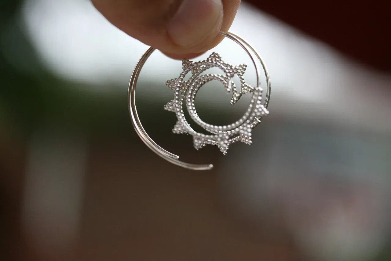 Exquisite Sterling Silver Tibetan Hoop Earrings, Spiral Silver  Hoop Earrings, Tribal Silver Earrings, 925 Sterling Silver Designer Hoop Earrings