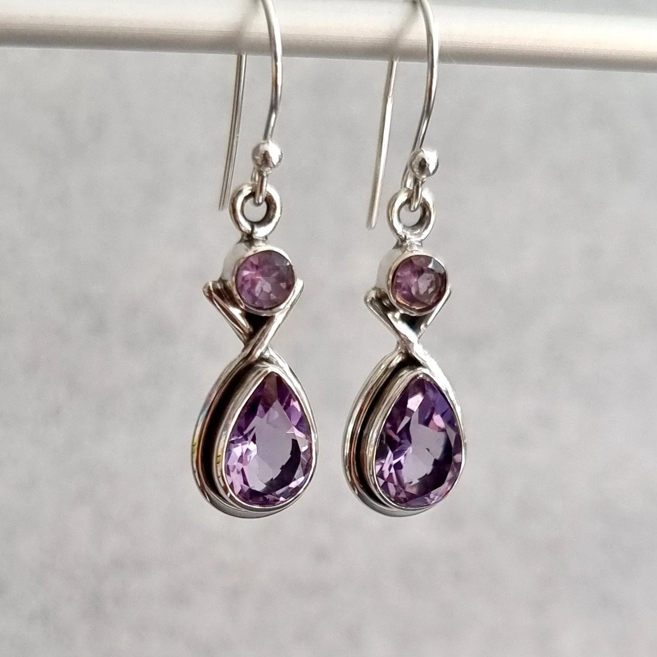 Facetted Amethyst Multistone Teardrop Sterling Silver Earrings, E1AF