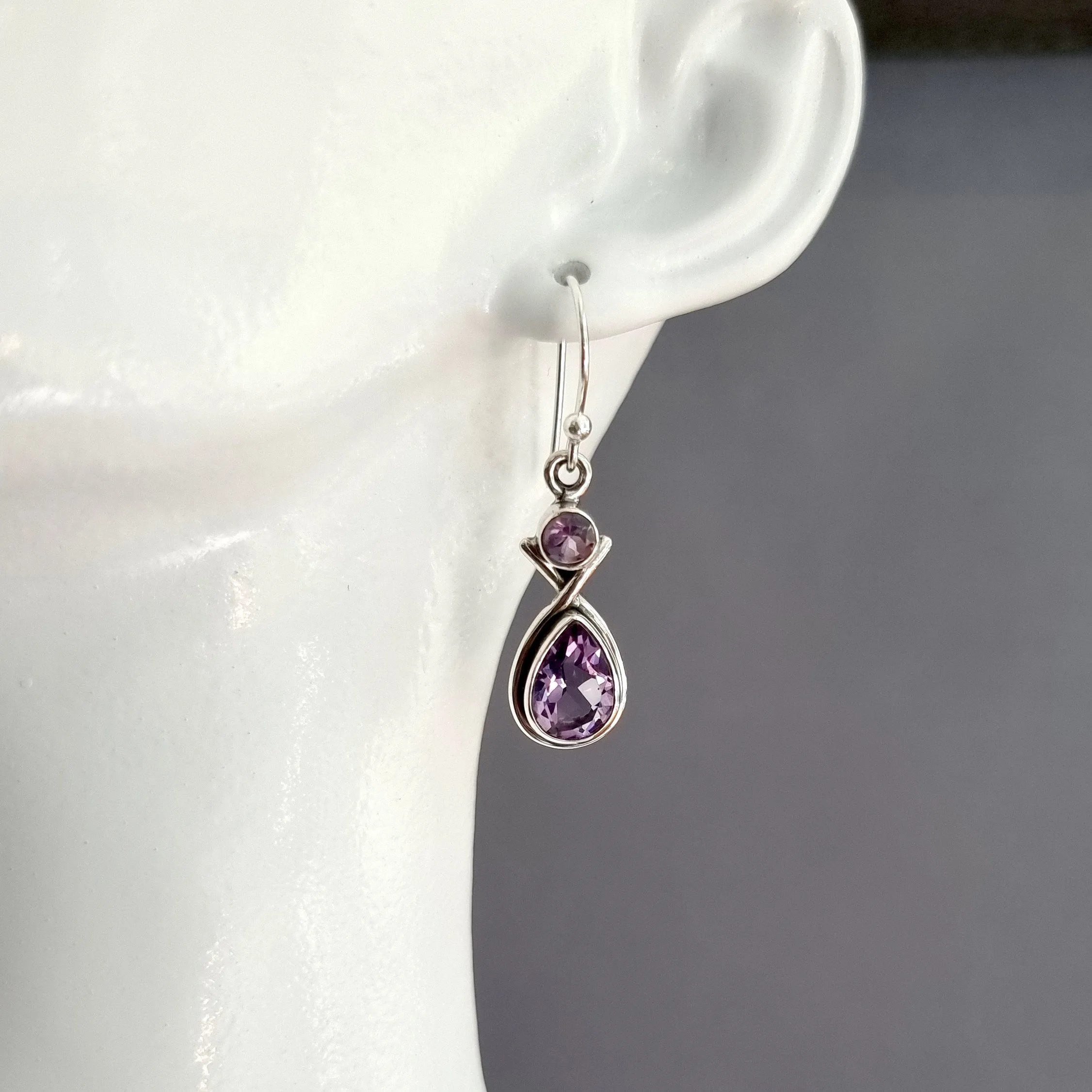 Facetted Amethyst Multistone Teardrop Sterling Silver Earrings, E1AF