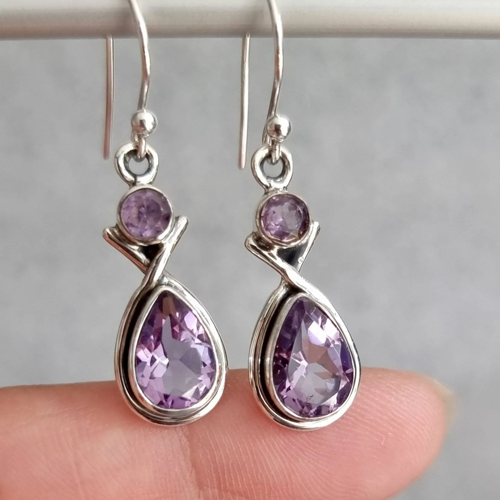 Facetted Amethyst Multistone Teardrop Sterling Silver Earrings, E1AF