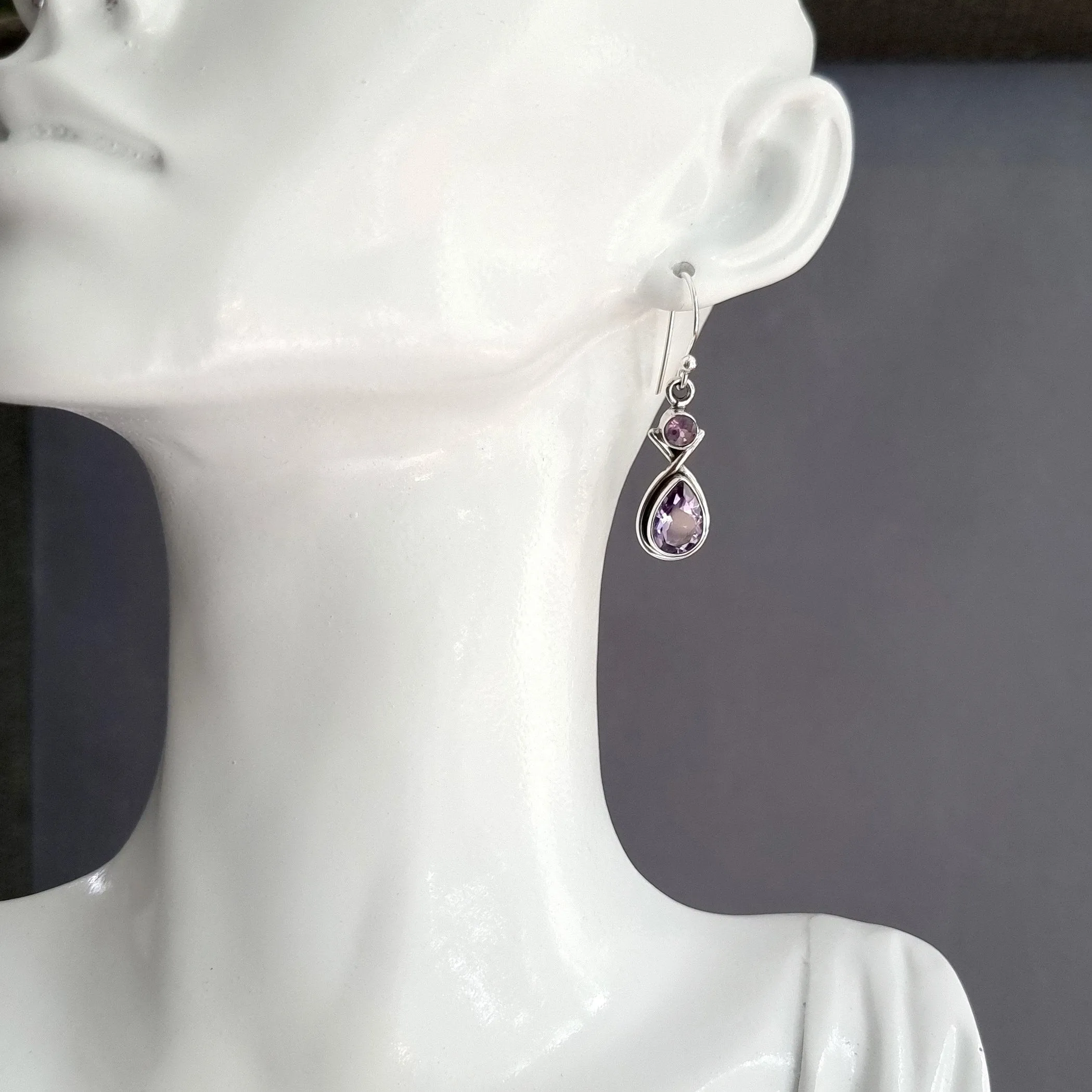 Facetted Amethyst Multistone Teardrop Sterling Silver Earrings, E1AF
