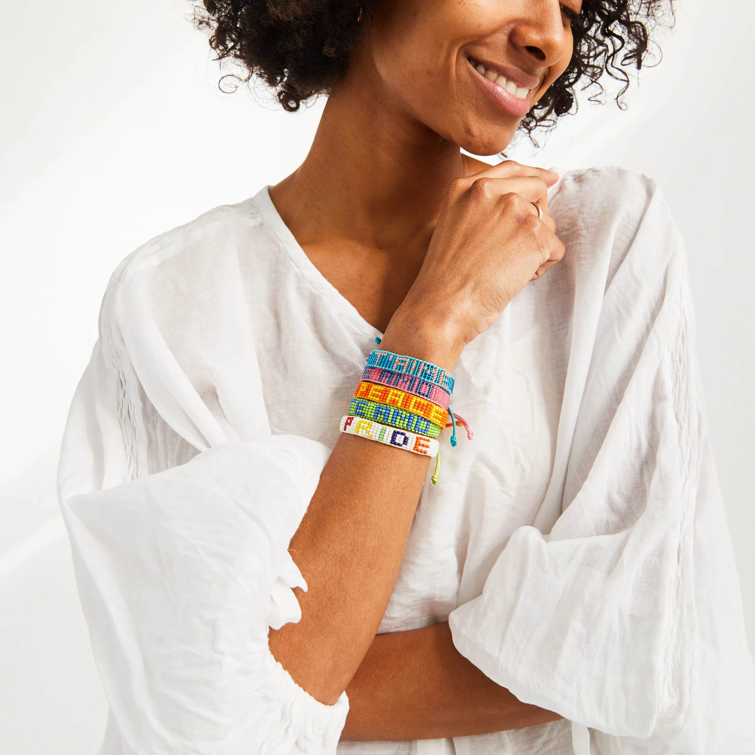 FINAL SALE: Woven PEACE Bracelet - Pearl Peach/Blue