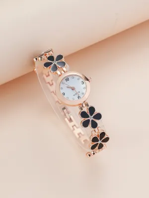 Flower Decor Round Pointer Quartz Watch Holiday