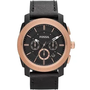 Fossil Machine Black Leather Strap Black Dial Chronograph Quartz Watch for Gents - FS4715