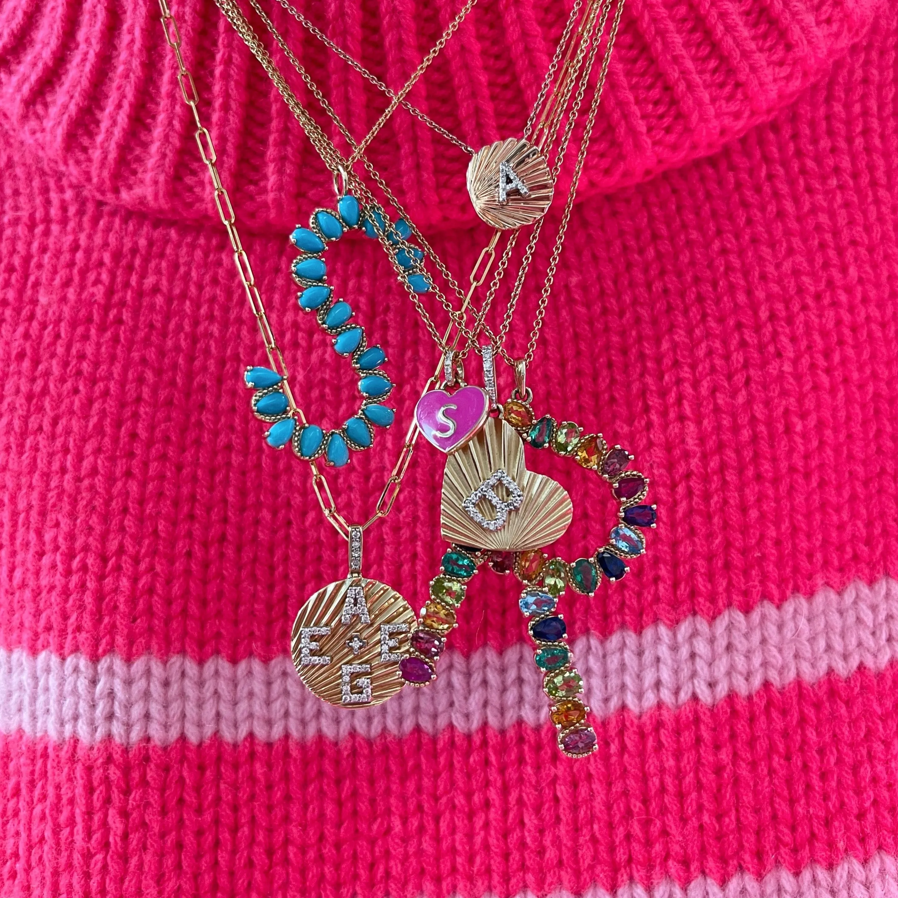 Gabrielle Fluted Round Pendant with Four Diamond Initials