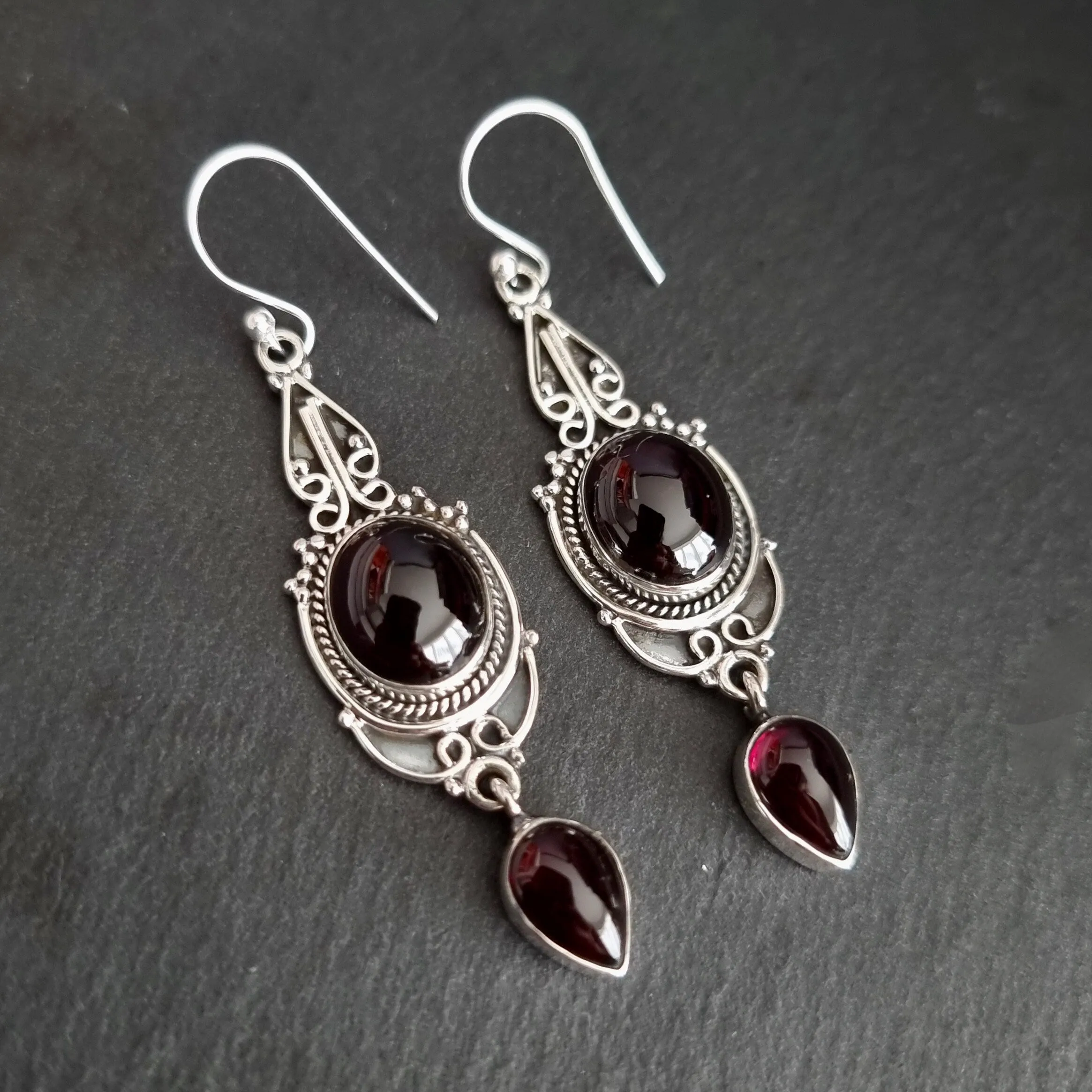 Garnet Long Oxidised 925 Silver Boho Earrings, E38G